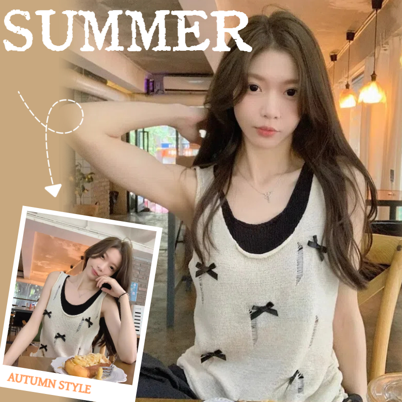 NZN เวอร์ชั่นเกาหลีผู้หญิงฉีกถักเสื้อกั๊กแฟชั่นโบว์เสื้อกั๊กด้านบน