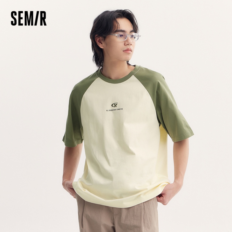 Senma เสื้อยืดแขนสั้นผู้ชาย 2024 ฤดูร้อนสไตล์ใหม่สีคมชัด Raglan แขน Retro Preppy สไตล์คู่สวมใส่การพิมพ์