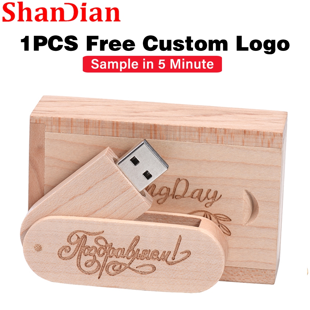 SHANDIAN ฟรีโลโก้ที่กำหนดเอง USB 2.0 Flash Drive 128GB โลโก้ที่กำหนดเอง Memory Stick 64GB ของขวัญสร้างสรรค์ USB Stick 32GB ของขวัญงานแต่งงาน Pendrive 16GB กล่องไม้ U Disk 8GB ยอมรับเป็นของที่ระลึก