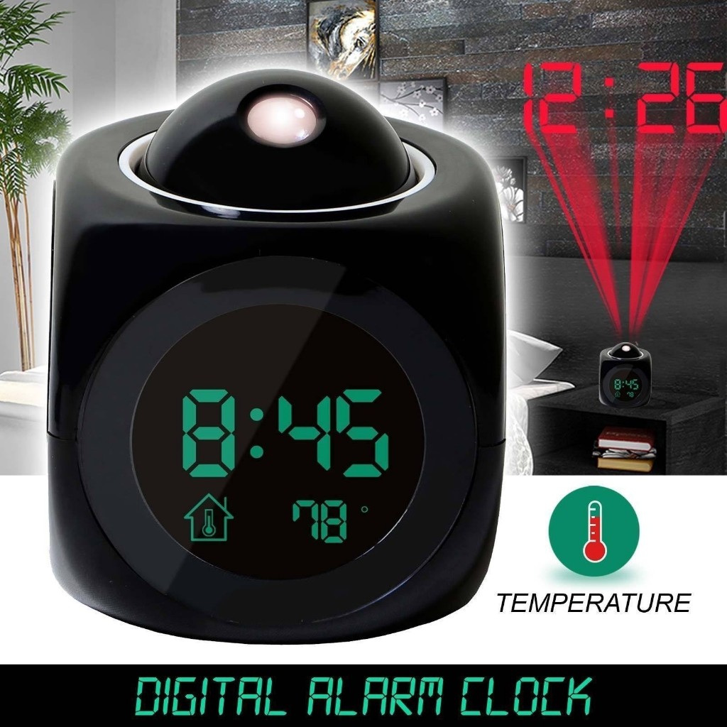 นาฬิกาปลุก LED การฉายภาพนาฬิกาดิจิตอลจอแสดงผลวันที่สภาพอากาศฟังก์ชั่น Snooze ตั้งโต๊ะแบ็คไลท์บ้านมัลติฟังก์ชั่ฉายนาฬิกาปลุกเสียง