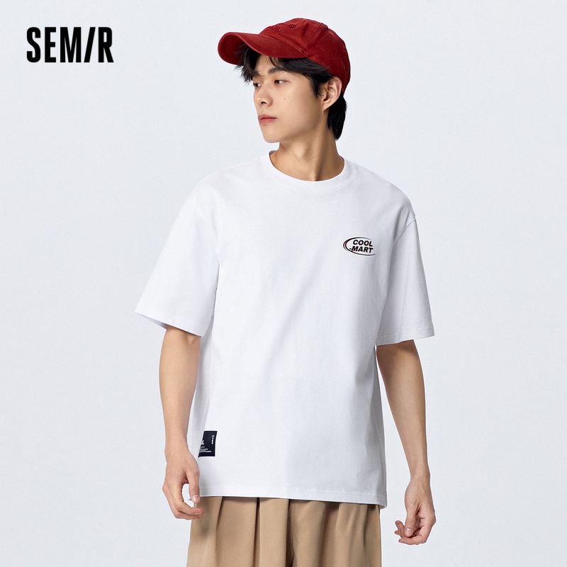 Senma เสื้อยืดแขนสั้นผู้ชายฤดูร้อนหลวมเรียบง่ายผ้าฝ้ายแท้ด้านบนพร็อพทุกวันชุดลําลองพิมพ์ตัวอักษรแฟชั่น