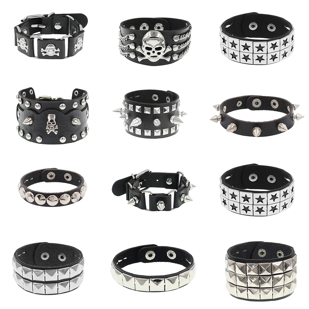 2024 แฟชั ่ น Gothic Skeleton Skull Punk Rivet สร ้ อยข ้ อมือ Retro คู ่ กําไลข ้ อมือ PU หนังสร ้ อยข ้ อมือเครื ่ องประดับของขวัญ