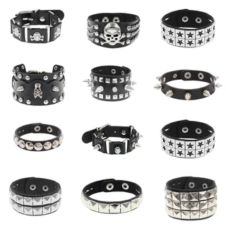 2024 แฟชั ่ น Gothic Skeleton Skull Punk Rivet สร ้ อยข ้ อมือ Retro คู ่ กําไลข ้ อมือ PU หนังสร ้ อยข ้ อมือเครื ่ องประดับของขวัญ