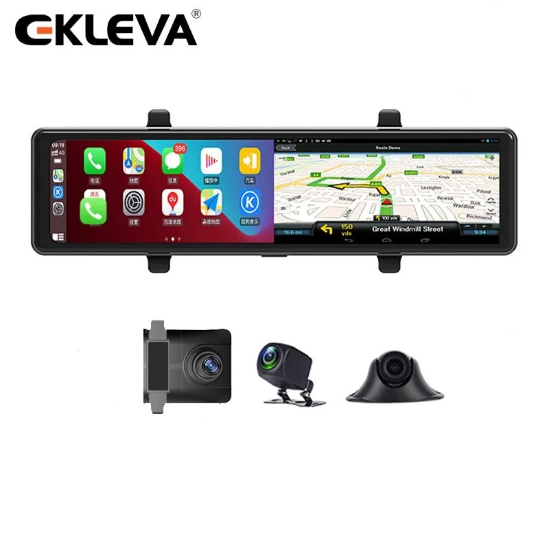 Ekleva กล้องบันทึกวิดีโอ AHD 2.5K+1080P+1080P 12 นิ้ว รองรับ CarPlay WIFI เชื่อมต่อบลูทูธ GPS DVR สํ