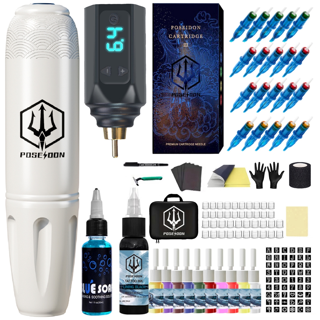 Poseidon Tattoo Kit- ปากกาสัก 20 ชิ ้ นตลับหมึกสัก Needles, เครื ่ องสักและ Tattoo Power Supply อุปกรณ ์ สักสําหรับศิลปินสัก