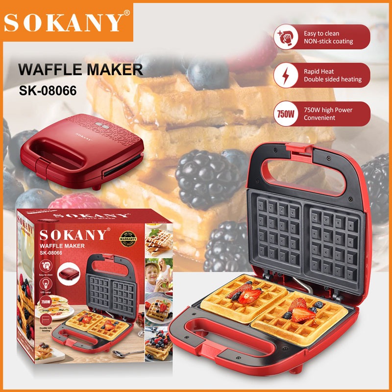 พร้อมส่ง SOKANY 800W เครื่องทำวาฟเฟิล เตาทําวาฟเฟิล เครื่องอบวาฟเฟิล เครื่องทําขนมปัง สีแดง