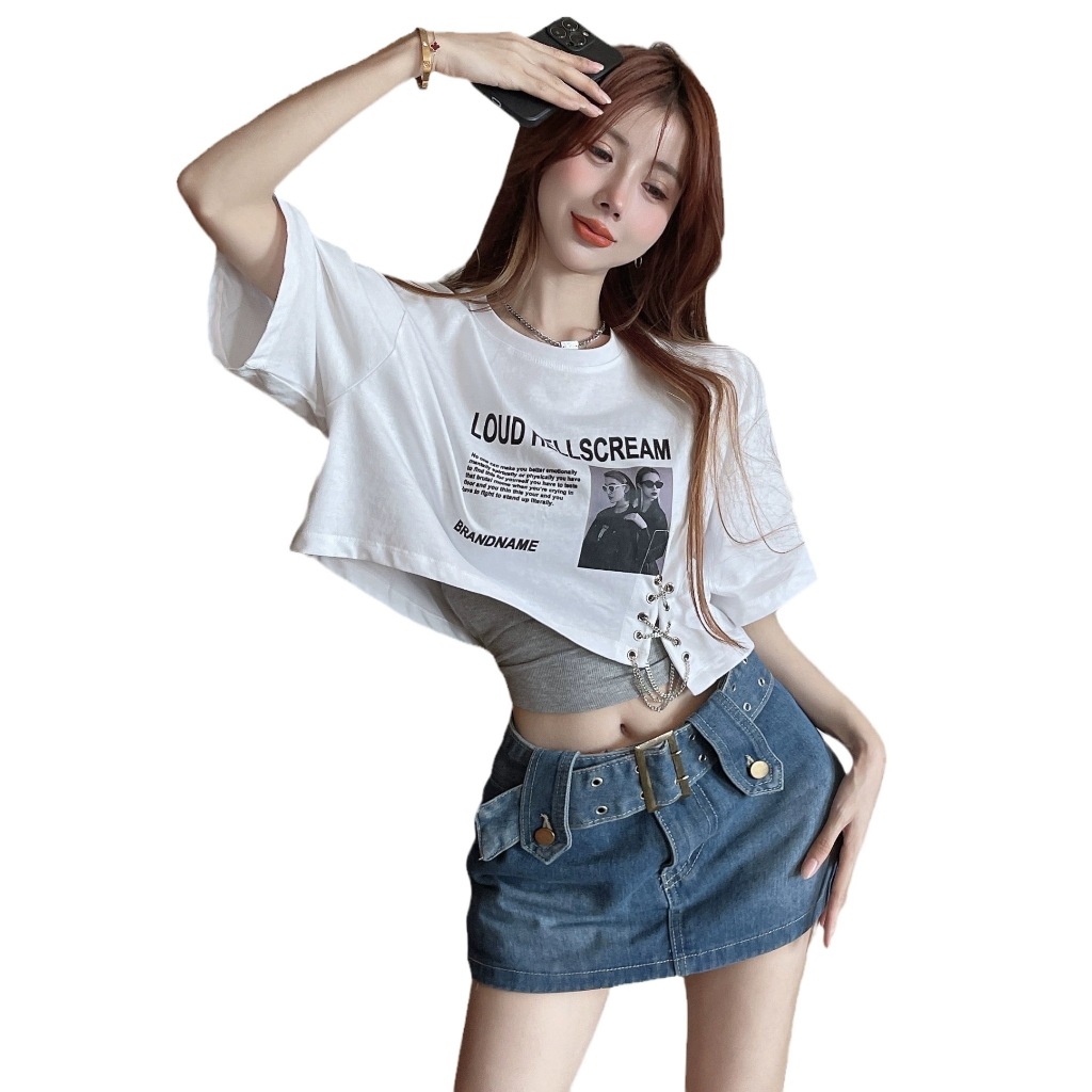 TAYCEN M-XL เสื้อยืดผู้หญิง เสื้อครอปเกาหลี เซ็กซี่ แขนสั้น งานปัก เสื้อยืด