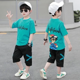 [เตรียมส่ง] ชุดเสื้อผ้าแฟชั่น สองชิ้น ใส่สบาย สองชิ้น สําหรับเด็กผู้ชาย อายุ 4-12 ปี
