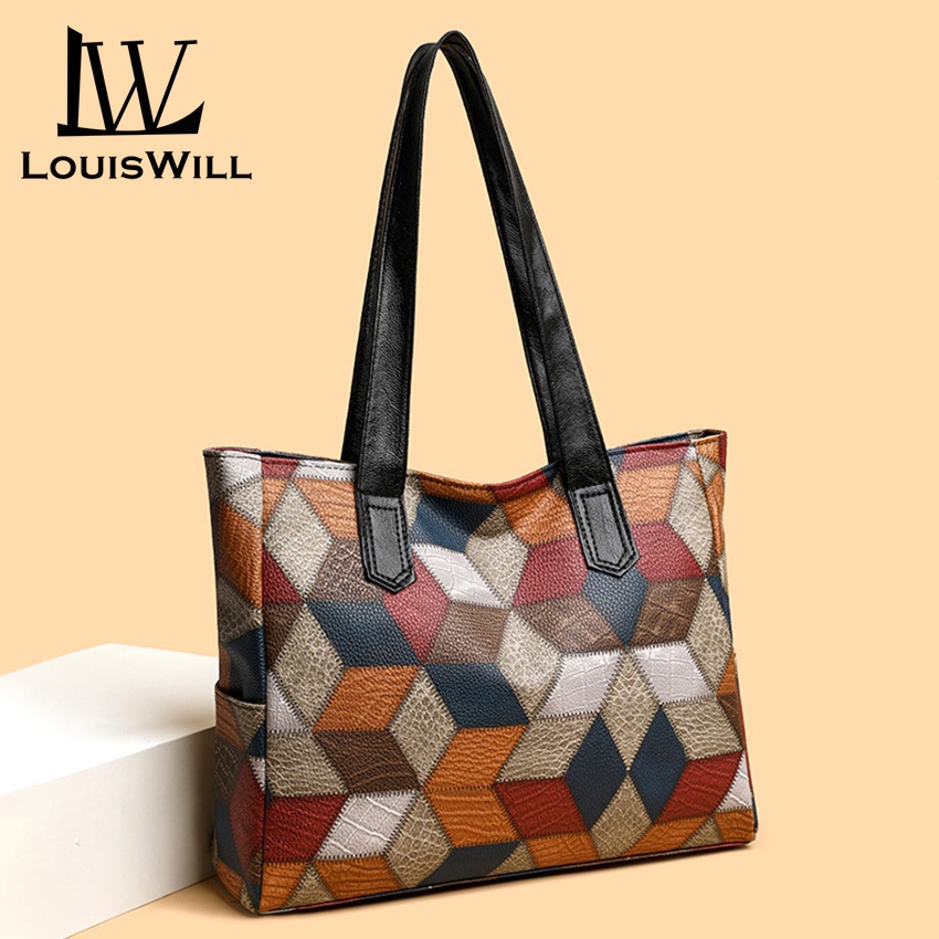 Louiswill กระเป ๋ าสตรี Tote กระเป ๋ าสะพายไหล ่ Cross-body Messenger สไตล ์ โบฮีเมียน Splicing Contrast Buckle ออกแบบขนาดใหญ ่ ความจุ Retro พิมพ ์ ปรับไหล ่ สายรัดซิป Inne