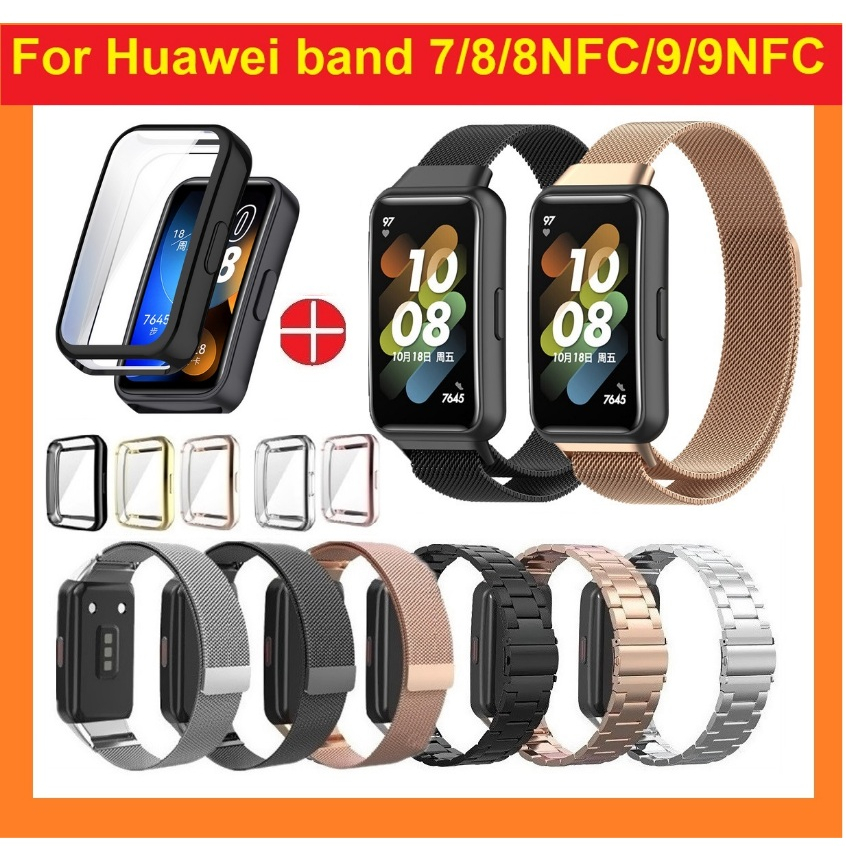 เคส + สาย Huawei band 9 สายคล้อง Magnetic Huawei band 9 เคสชุบเต็ม Huawei band 9 เคส และสายสแตนเลส สําหรับ Huawei band 7 สายโลหะห่วงแม่เหล็ก Huawei band 7 เคส and Staineless steel สาย Huawei band 9