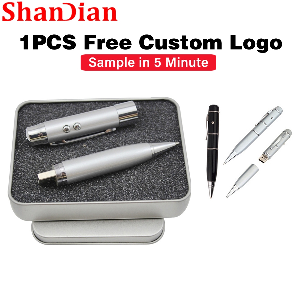 SHANDIAN Magic Pen USB 2.0 แฟลชไดรฟ์ 128GB มินิโลหะ Pendrive 64GB ธุรกิจของขวัญ Memory Stick 32GB ไดรฟ์ปากกาถ่ายภาพ 16GB Thumbdrive 8GB ปากกาเลเซอร์ U ดิสก์ 4GB พร้อมกล่อง