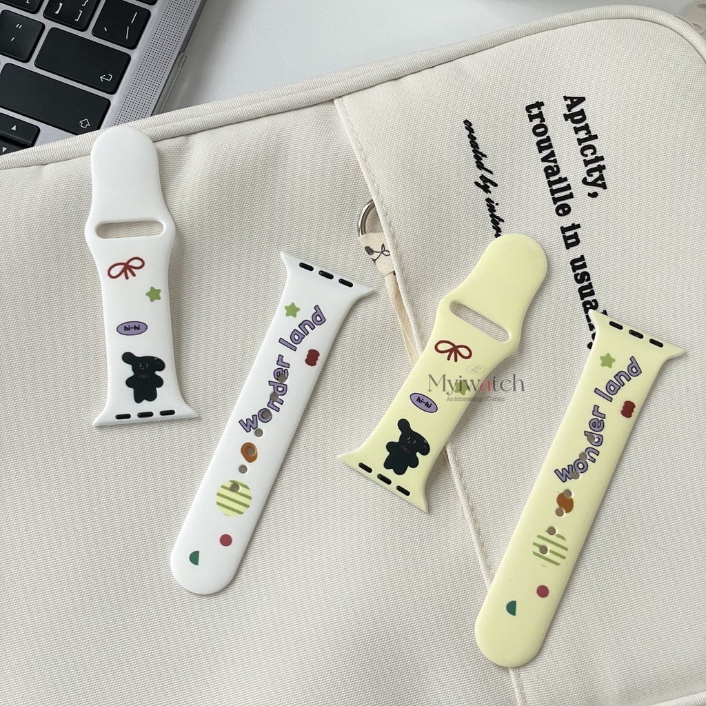 Ins หวานน ่ ารักซิลิโคนสําหรับ iWatch series Ultra 9 S8 7 6 5 SE 4 3 2 สีชมพูโบว ์ การ ์ ตูนสุนัขสายรัดข ้ อมือสําหรับ iWatch สาย 49 มม.41 45 มม.44 มม.40 มม.38 มม.42 มม.บุคลิกภาพ colo