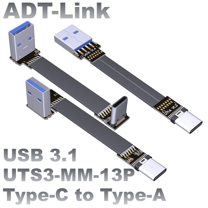 [ปรับแต่ง] สายต่อแบบแบน Adt-link USB3.1 A Male to c Male type-c Angle Chassis สายเคเบิลในตัว