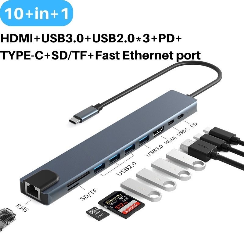 10in1 Typec ถึง HDMI 4K Docking Station USB3.0 PD ชาร ์ จ SD/TF Reader RJ45 USB C HUB สําหรับแล ็ ปท ็ อปโทรศัพท ์ มือถือคอมพิวเตอร ์ เกมคอนโซลแท ็ บเล ็ ต
