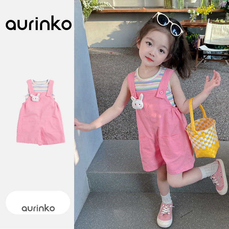 [Aurinko] เสื้อผ้าผู้หญิง เสื้อผ้าเด็กผู้หญิง สีทึบ กางเกงขาสั้นแบบมีสายรัด แขนกุด สันทนาการ สไตล์สปอร์ต วิทยาลัยลม 1-8 ปี Suspender Shorts 2 Pieces