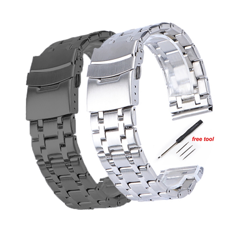 ราคาต่ํา5ลูกปัด สแตนเลสสายนาฬิกาข้อมือ20มิลลิเมตร22มิลลิเมตรกึ่งโลหะแข็งเงินสีดําสากลสร้อยข้อมือพับหัวเข็มขัดด้วยเครื่องมือฟร