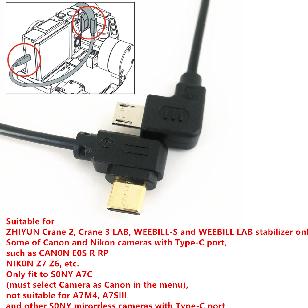 Micro USB to Type-C กล ้ องควบคุมสายเคเบิลอะแดปเตอร ์ สําหรับ ZHIYUN Crane2 Crane3 LAB Weebill-S &amp; Canon EOS R RP Nikon Z6 Z7 A7C กล ้ อง