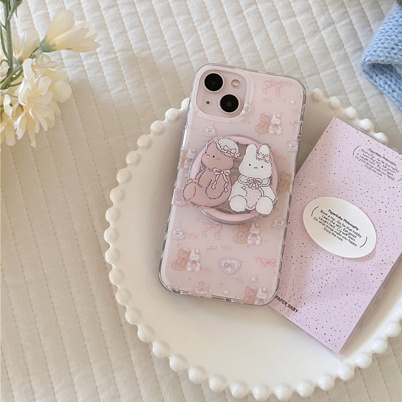 เคสโทรศัพท์มือถือ ลายดอกไม้ กระต่าย สองชั้น พร้อมแหวนแม่เหล็ก สําหรับ iPhone 15promax 15 15pro 14 13