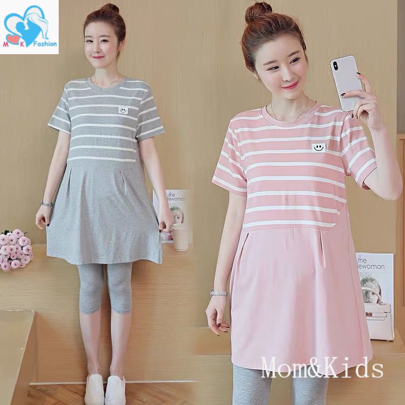 Mom & Kids ชุดคลุมท้อง ลายทาง แฟชั่นฤดูร้อน สไตล์เกาหลี สําหรับผู้หญิงตั้งครรภ์
