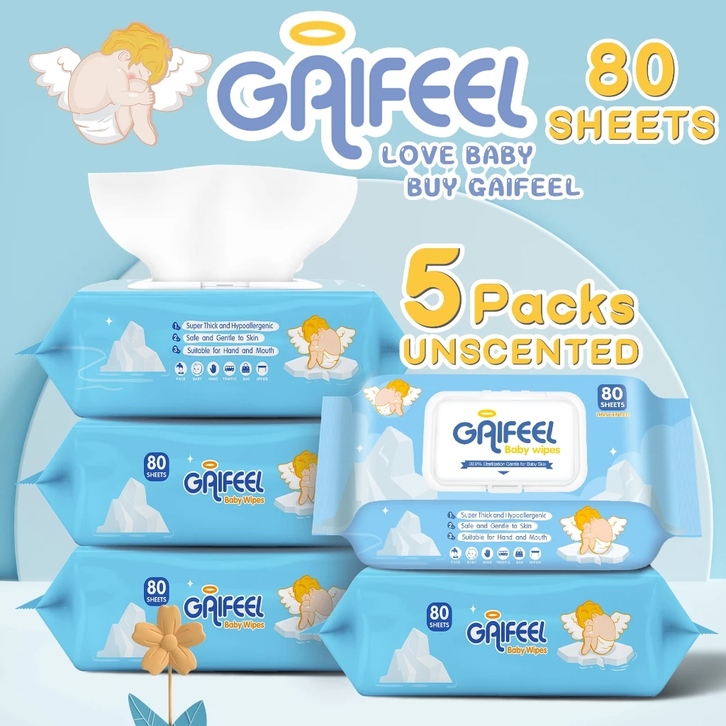 GAIFEEL ผ้าเช็ดทำความสะอาดสำหรับเด็ก 80 ชิ้น*5 แพ็ค ผ้าเช็ดทำความสะอาดเด็ก สีฟ้า ไร้กลิ่น