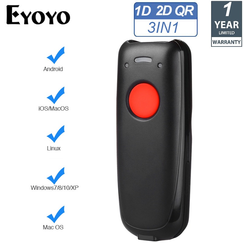 EYOYO  Mini 2D Barcode Scanner เครื ่ องสแกนบาร ์ โค ้ ดไร ้ สายผ ่ านบลูทูธ 2.4GHz ไร ้ สาย USB Connected การเชื ่ อมต ่ อแบบมีสาย 1D CCD บาร ์ โค ้ ด QR Scan Reader สําหรับ iOS/MacOS,Linux,Android แท ็ บเล ็ ต Windows