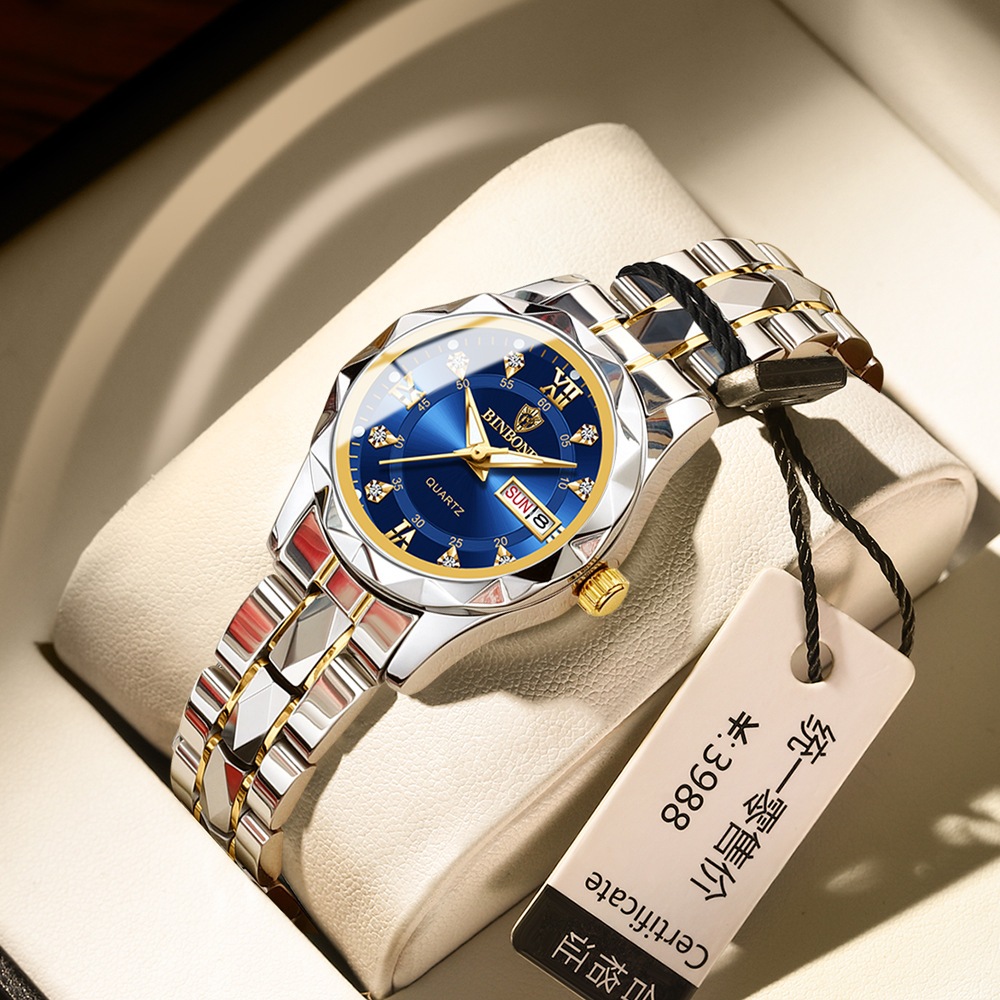 บินปัง 2522 ใหม่นาฬิกาผู้หญิงกันน้ําแฟชั่น กลางคืน เรืองแสงปฏิทินคู่นาฬิกาผู้หญิงแสงหรูหรานาฬิกาควอทซ์