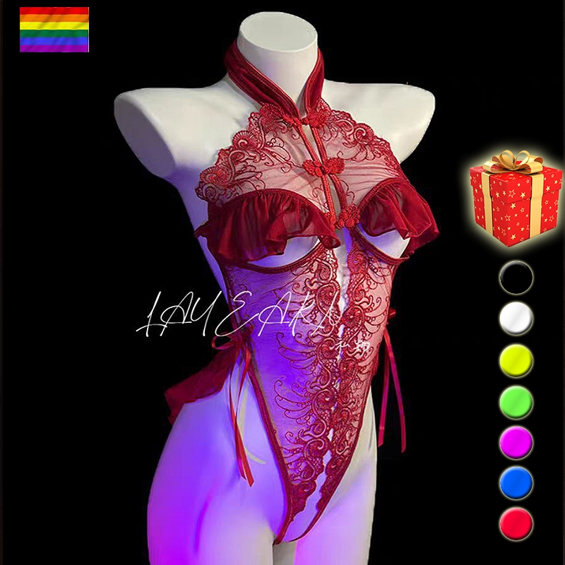 ลูกไม ้ Babydoll ชุดชั ้ นในสําหรับผู ้ หญิงดอกไม ้ Snap Crotch ตุ ๊ กตา Chemise Nightie Nightgown Qipao คอสเพลย ์ เซ ็ กซี ่ Cheongsam ชุด Red,Black