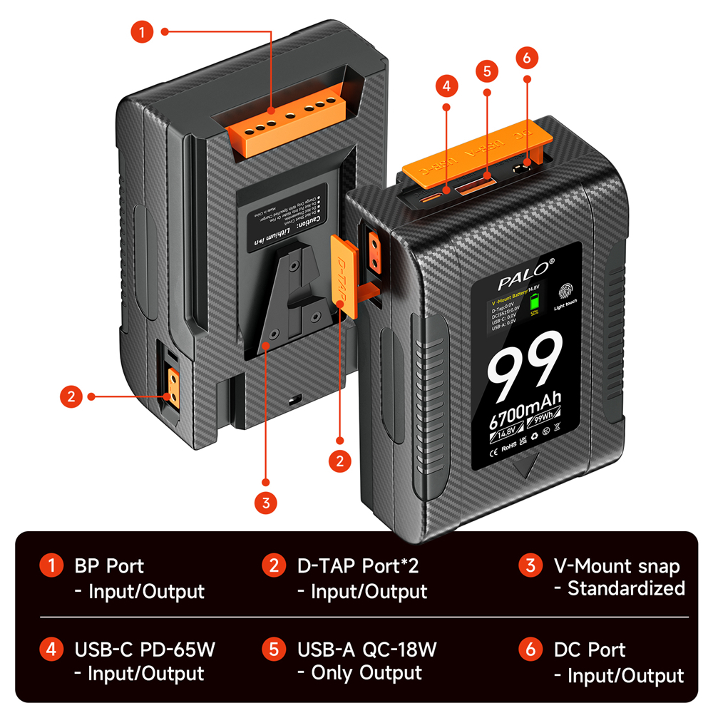 แบตเตอรี ่ Palo V-mount 99Wh/6700mAh สําหรับกล ้ องวิดีโอเติมแสง