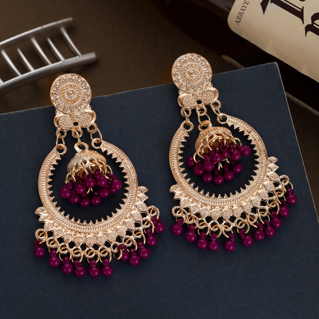 Boho Vintage ลูกปัดสีม ่ วงรอบ Dangle ต ่ างหูผู ้ หญิงแฟชั ่ นสีทองโลหะผสม Bells พู ่ ต ่ างหู Jhumka งานแต ่ งงานเครื ่ องประดับ