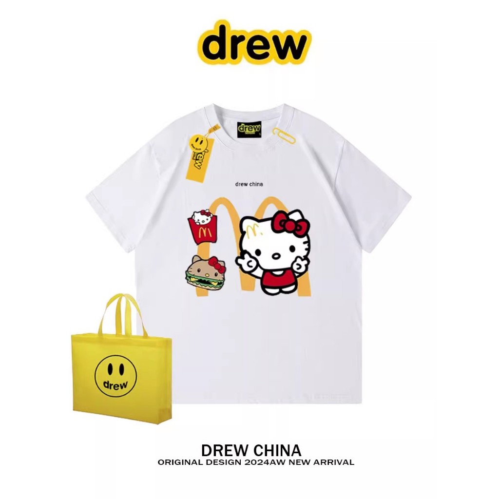 Drew Trendy Co แบรนด ์ Kitty Kitty Kitty เสื ้ อยืดแขนสั ้ น Unisex Casual Loose Cotton