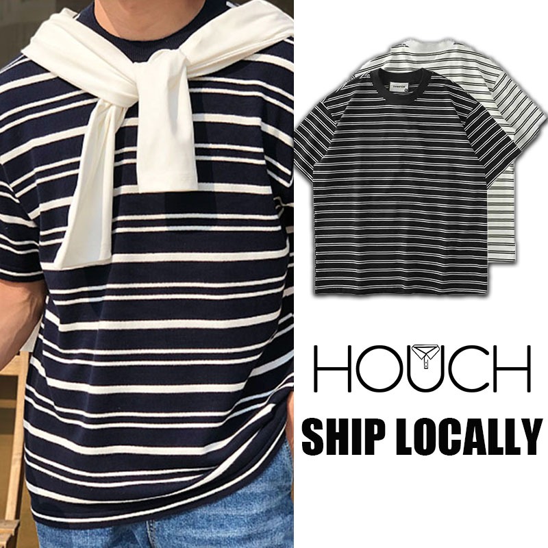 Houchĕ COD เสื้อคอปก เสื้อโปโล เสื้อเชิ้ตแขนสั้นลายทาง เนื้อผ้าดีใส่สบาย