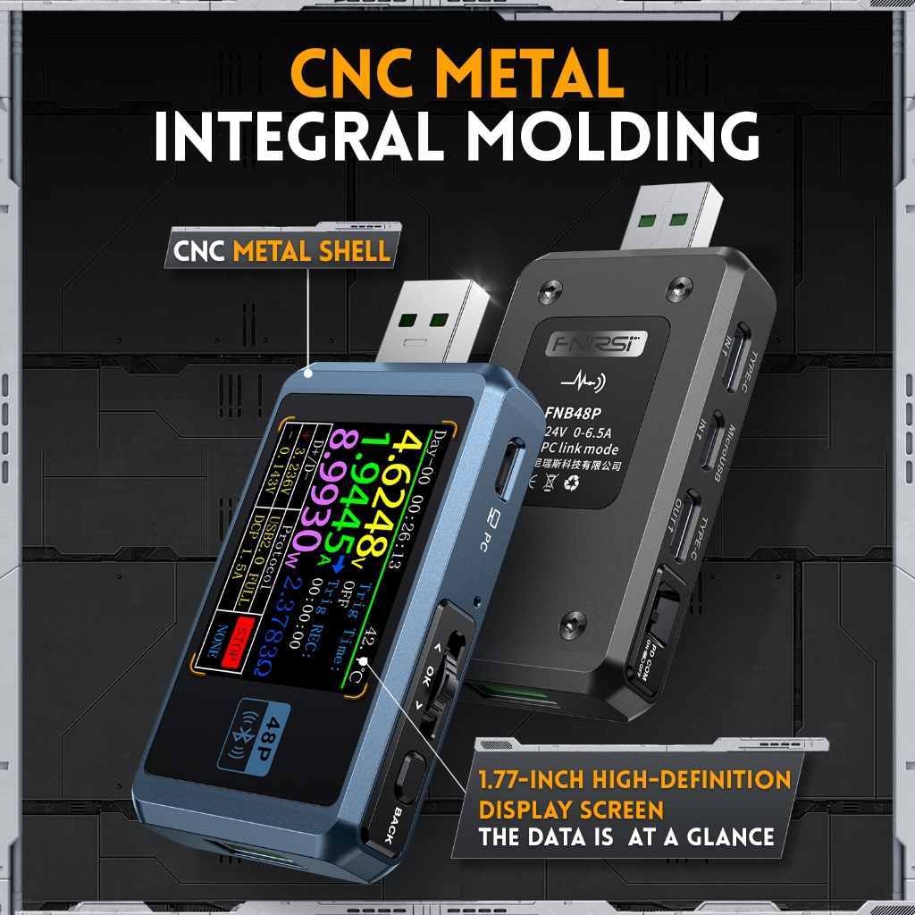 Fnirsi FNB48P เครื่องทดสอบ USB โวลต์มิเตอร์แอมป์มิเตอร์ TYPE-C Fast Charge Detection การวัดระลอกความจุทริกเกอร์พร้อมสีเปลือกโลหะ CNC: FNB48P WO BT.