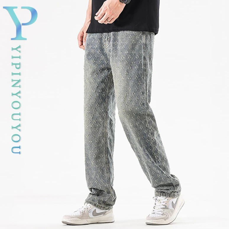 Yipinyouyouyou กางเกงยีนส ์ ผู ้ ชายแฟชั ่ นและยอดนิยมอเมริกันย ้ อนยุคหลวมสบายๆ jacquard ออกแบบคุณภาพสูงสไตล ์ unisex กางเกง