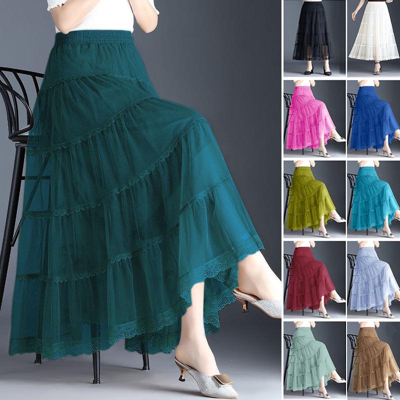 3 ชั้นลูกไม้ Tulle ยาว Midi กระโปรงสําหรับผู้หญิงเอวสูงสาย Casual Elegant Maxi กระโปรงฤดูร้อน