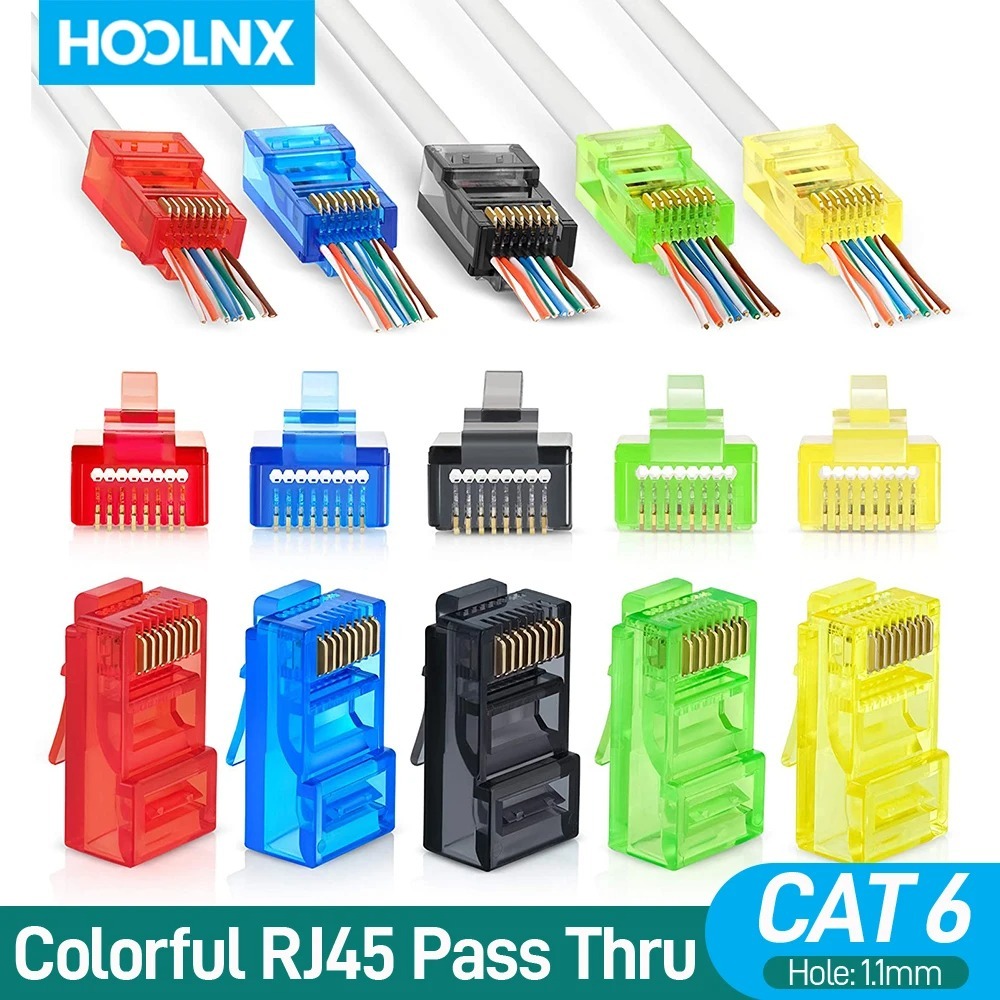 Hoolnx CAT6 ผ่านขั้วต่อ RJ45 Modular Plugs สีสัน Ethernet Ends เครือข่ายตัวเชื่อมต่อ UTP 15μ Gold-Plated 30/50/100 แพ็ค