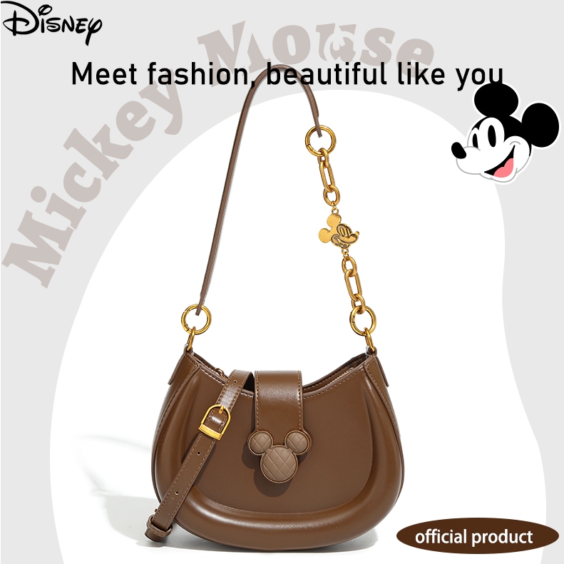 Disney Official Authentic Mickey Series Classic Fashion Crescent Bag กระเป ๋ าสุภาพสตรีอินเทรนด ์ ความจุขนาดใหญ ่ Multi-Back Method กระเป ๋ าสะพาย Half-Moon
