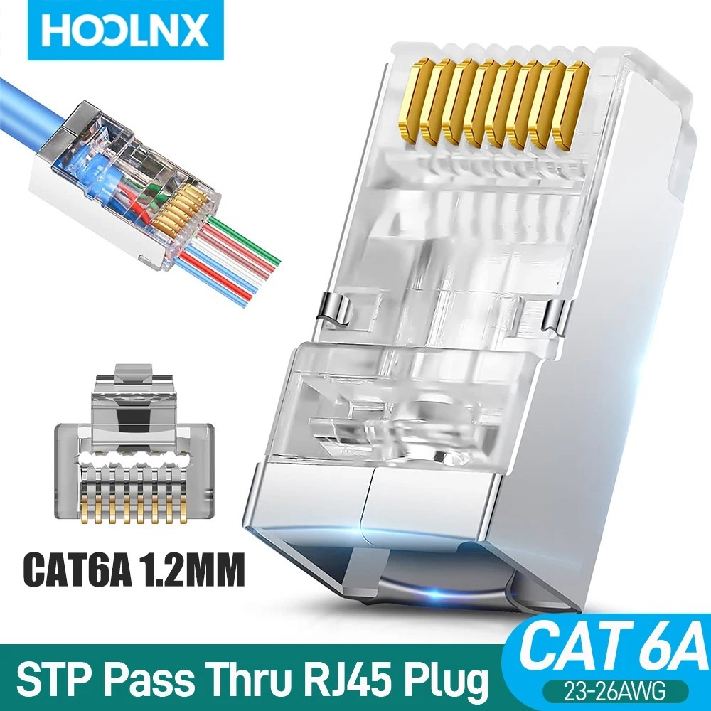 Hoolnx RJ45 Connector CAT6A CAT6 Pass ผ่าน Modular PLugs STP Shielded 50U Gold Plated Ethernet End ปลั๊กเครือข่ายสําหรับสาย Lan
