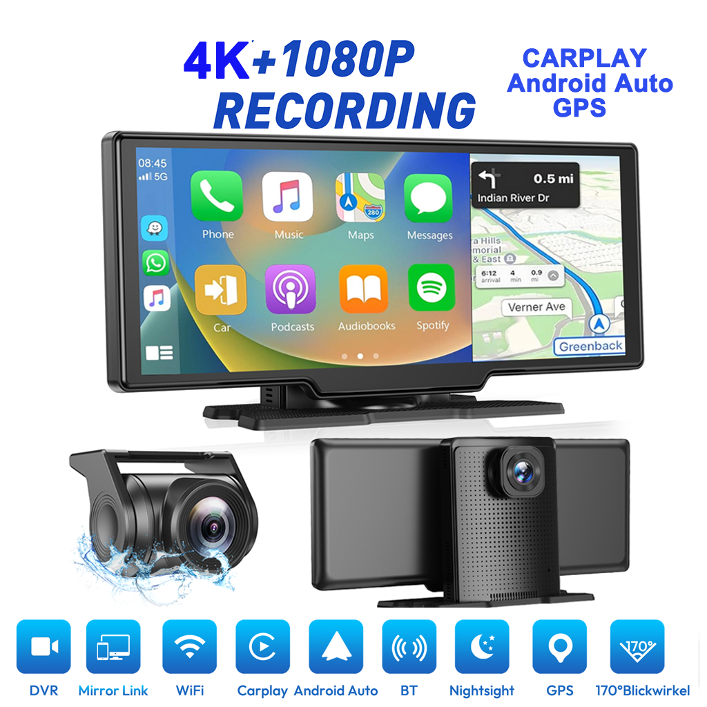 4K + 1080P หน้าจอสัมผัสขนาด 10 นิ้ว Dual Lens รถ DVR Dash Cam WIFI Bluetooth Voice Control Car Camera Drive Recorder 170° Wide Angle Parking Monitor