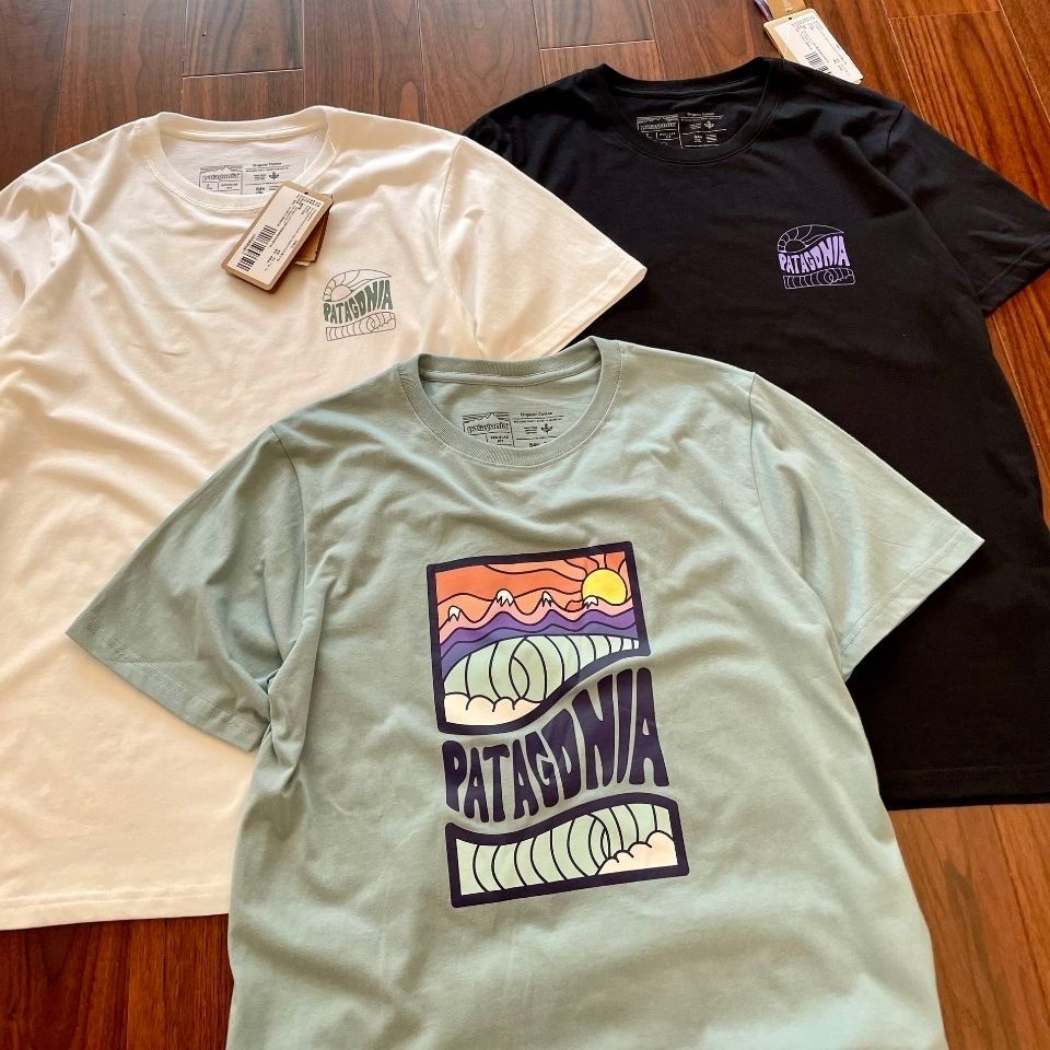 Patagonia Pure Cotton Couple พิมพ ์ Ocean Wave เสื ้ อยืดหลวมสบายและระบายอากาศได ้ แฟชั ่ นแขนสั ้ น