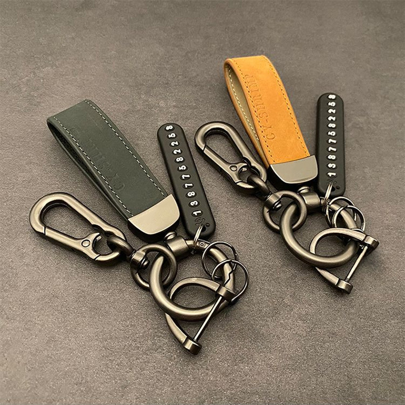 แฟชั ่ นหนังพวงกุญแจรถ DIY Anti-lost หมายเลขโทรศัพท ์ แผ ่ นผู ้ ชายผู ้ หญิงธุรกิจ Key Chain คลาสสิก Simple พวงกุญแจรถ