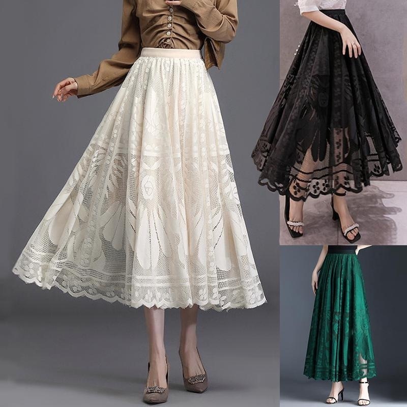 กระโปรง maxi สไตล์โบฮีเมียน ทำจากลูกไม้และทูลเล่ ออกแบบเอวสูง พร้อมลาย swing สำหรับผู้หญิง มีให้เลือกทั้งสีขาวและดำ