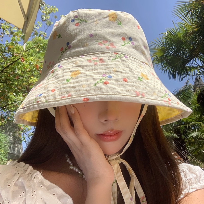 น ่ ารักดอกไม ้ หมวกสองด ้ านหญิงฤดูร ้ อนสไตล ์ ญี ่ ปุ ่ นปีกใหญ ่ ม ่ านบังแดดหมวกกันแดดแสดงใบหน ้ าถังขนาดเล ็ ก Bas