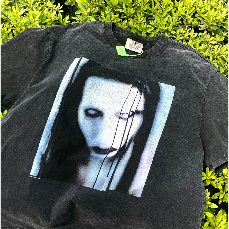 Vintage Marilyn Manson แขนสั ้ น Marilyn Manson หลวม High Street Distressed Washed เสื ้ อยืดสีดํา