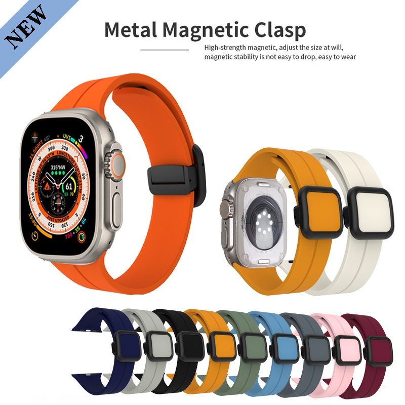 สายนาฬิกาข้อมือซิลิโคน หัวเข็มขัดแม่เหล็ก สําหรับ Apple Watch Ultra 2 49 มม. iWatch Series 9 8 7 SE 6 5 4 3 2 1 45 มม. 41 มม. 44 มม. 40 มม. 42 มม. 38 มม. Ultra2
