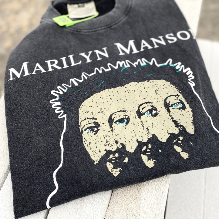 Marilyn Manson Marilyn Manson < God Everywhere } Heavy Washing Distressed Loose vintage tee Short Sl