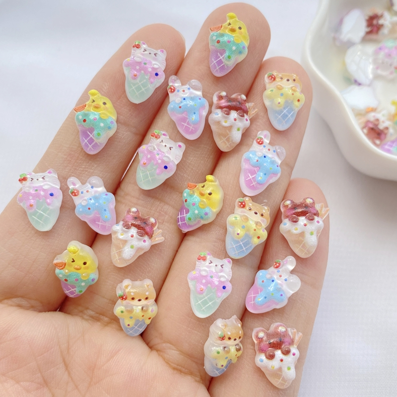 30 ชิ้นเรซิ่นมินิสัตว์น่ารักไอศกรีม rhinestone สมุดภาพตกแต่งสติกเกอร์งานฝีมือ DIY เล็บ