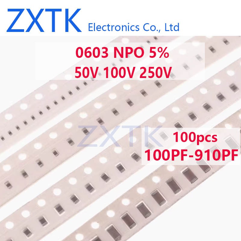 100PCS 0603 50/100/250V SMD ชิปตัวเก็บประจุเซรามิค NPO 5% 100PF-910PF 110PF 150PF 200PF 300PF 470PF 