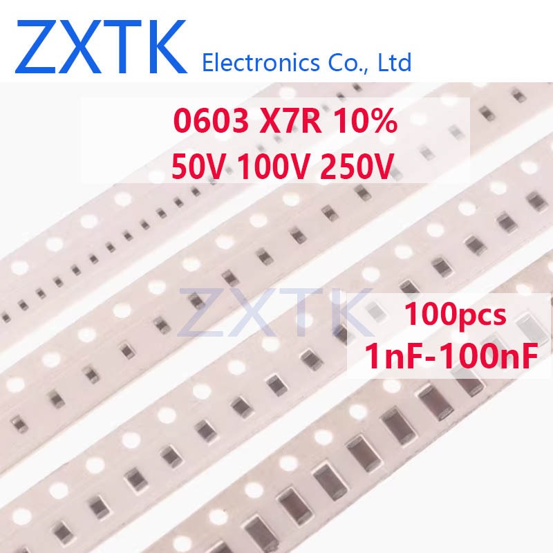 100pcs 0603 50/100/250V SMD ชิปเซรามิคตัวเก็บประจุ X7R 10% 1nF-100nF 1.2nF 1.5nF 1.8nF 2nF 2.2nF 4.7