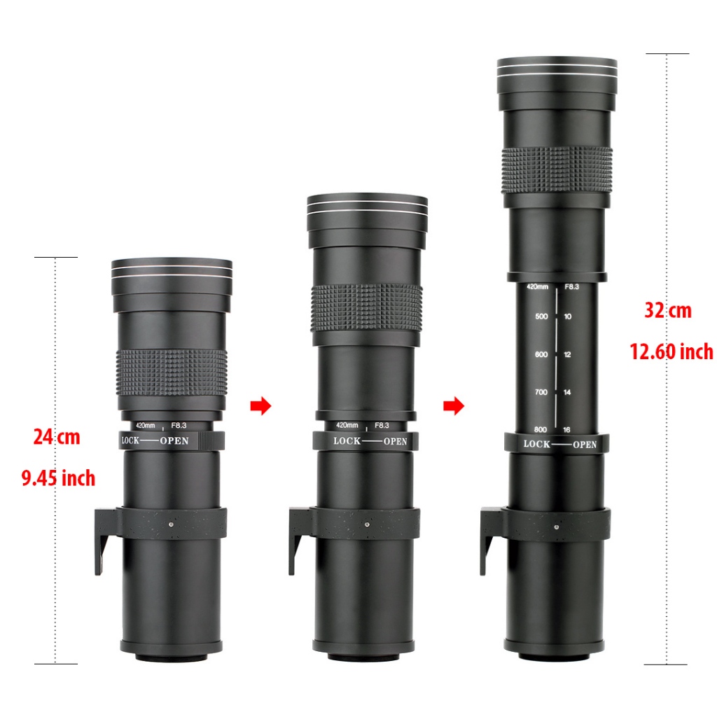 Lightdow เลนส์ Telephoto 420-800 มม.f/8.3 สีดําซูมเลนส์ Super Telephoto พร้อม T-Mount อะแดปเตอร์แหวนสําหรับ Canon Nikon Sony Dslr และ Mirrorless กล้อง
