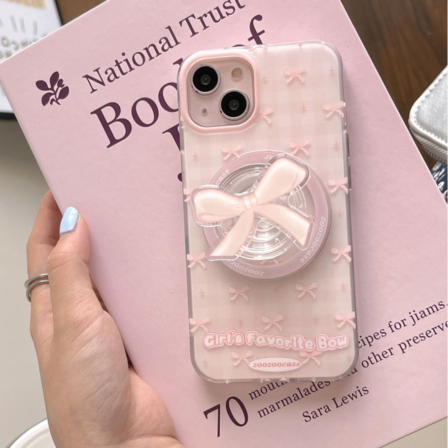 เคสไอโฟน เคสโทรศัพท์เข้ากันได้สําหรับiphone 16promax 16 16pro 15promax 15 15pro 14 13 12 14promax 13/12Proสีชมพูตรวจสอบโบว์แม่เหล็กFrosted Double-layer IMDฝาครอบแหวนแม่เหล็กขาตั้ง
